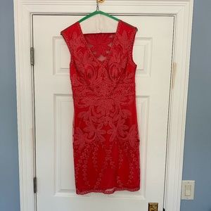 Sue Wong Embroidered Shift Dress Cap Sleeve V Neck Lace Coral - Size 6